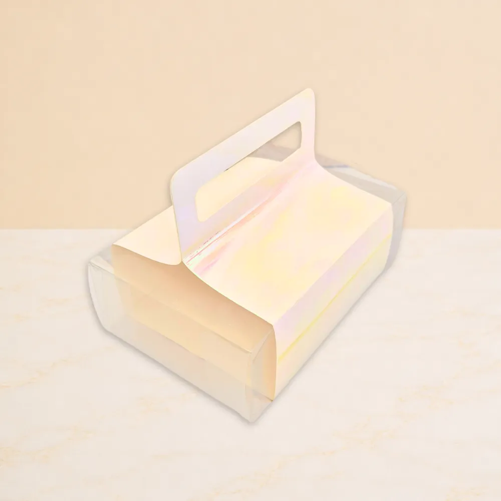 Caja acetato con manigueta de cartón tornasol